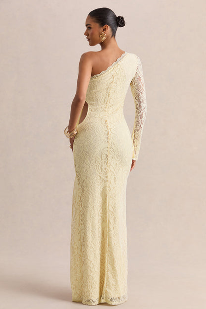 Norna | Lemon Lace Asymmetric-Neck Maxi Dress With Cut-Out And Bow Details