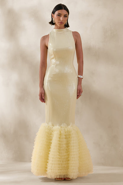 Teila | Lemon Sequin High-Neck Fishtail Maxi Dress