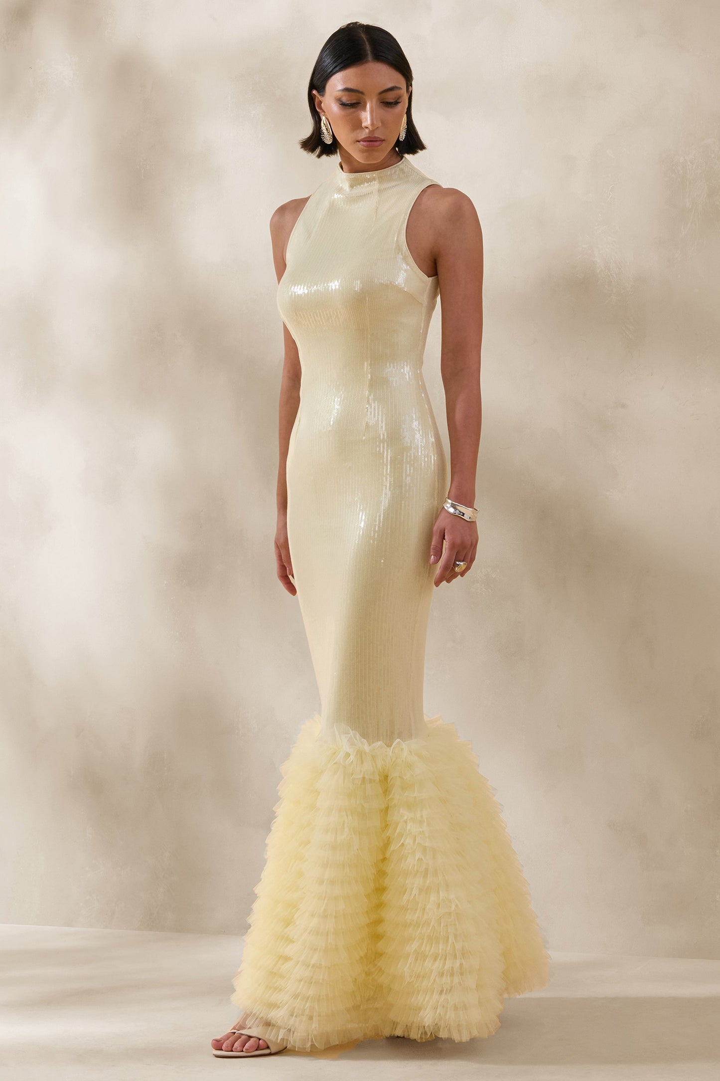 Teila | Lemon Sequin High-Neck Fishtail Maxi Dress