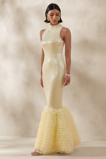 Teila | Lemon Sequin High-Neck Fishtail Maxi Dress