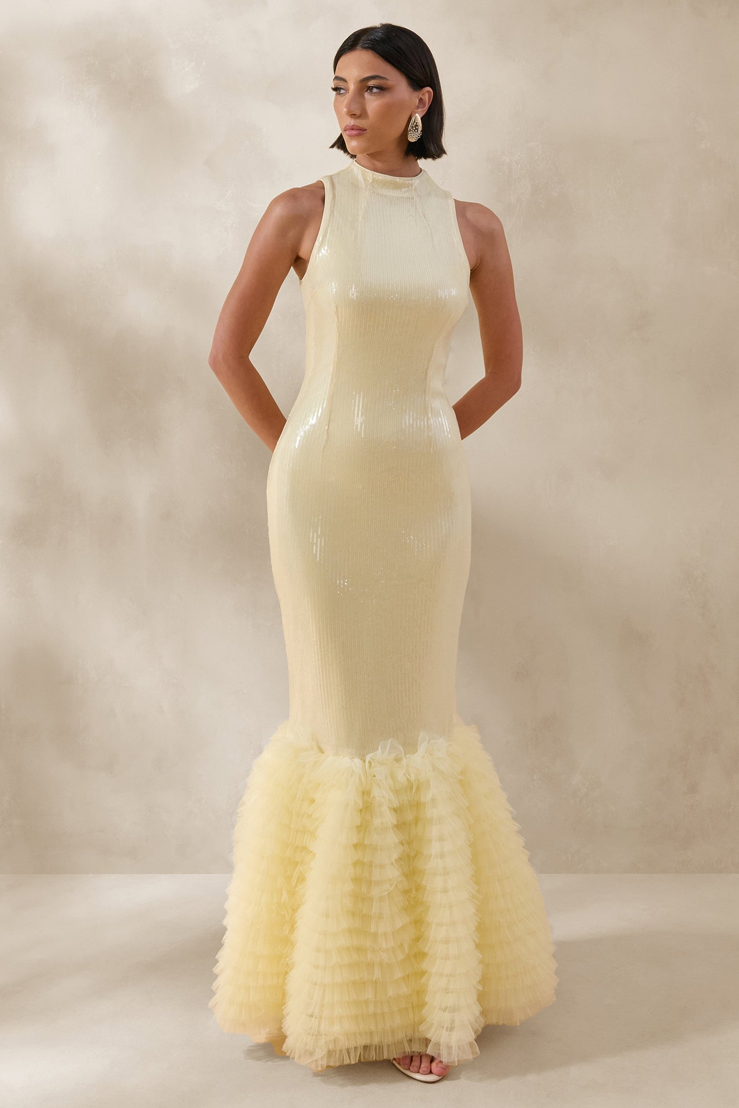 Teila | Lemon Sequin High-Neck Fishtail Maxi Dress