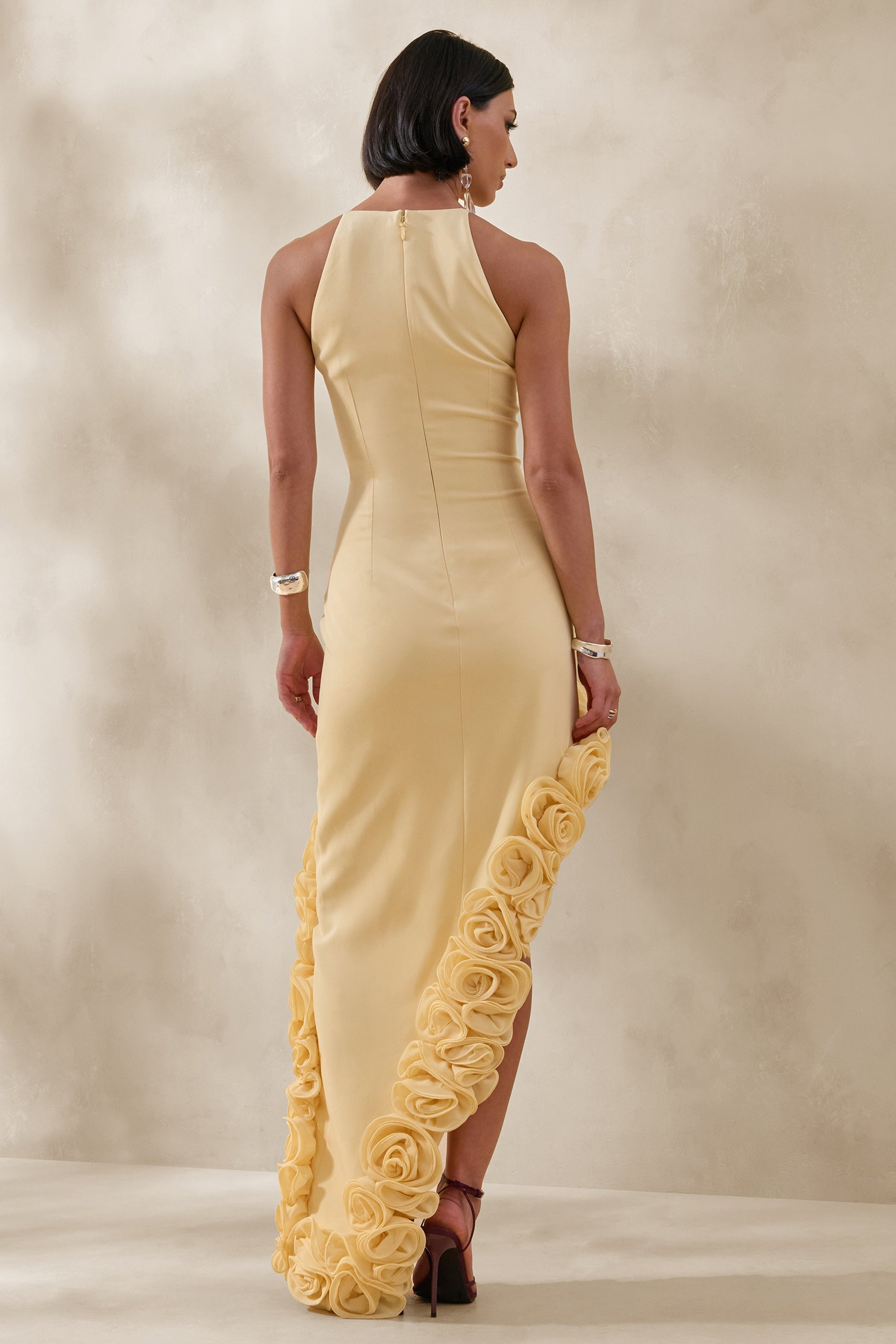 Indira | Lemon Halter-Neck Maxi Dress With Asymmetric-Floral Hem