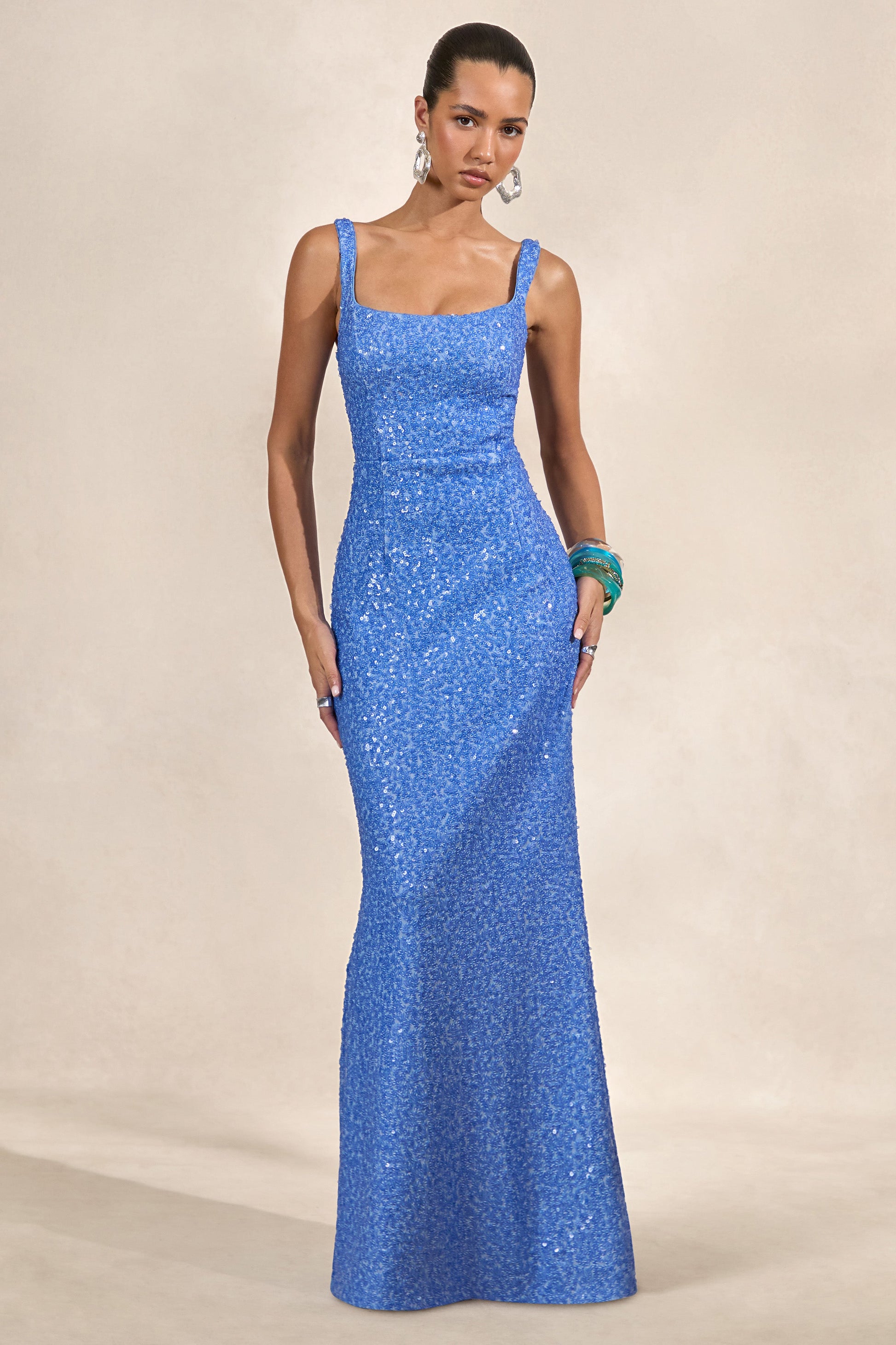 Lucelle | Powder Blue Sequin Scoop-Neck Maxi Dress