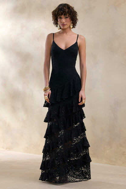 Avelisse | Black Lace Plunge-Neck Maxi Dress With Ruffled Detailing