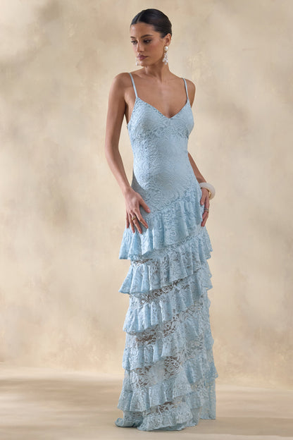 Avelisse | Blue Lace Plunge-Neck Maxi Dress With Ruffled Detailing