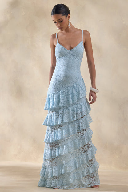 Avelisse | Blue Lace Plunge-Neck Maxi Dress With Ruffled Detailing