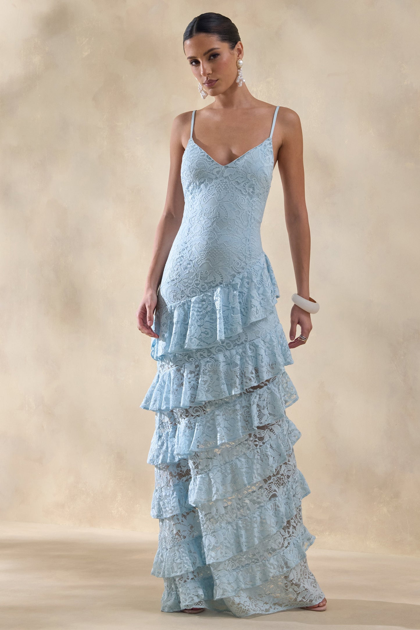Avelisse | Blue Lace Plunge-Neck Maxi Dress With Ruffled Detailing
