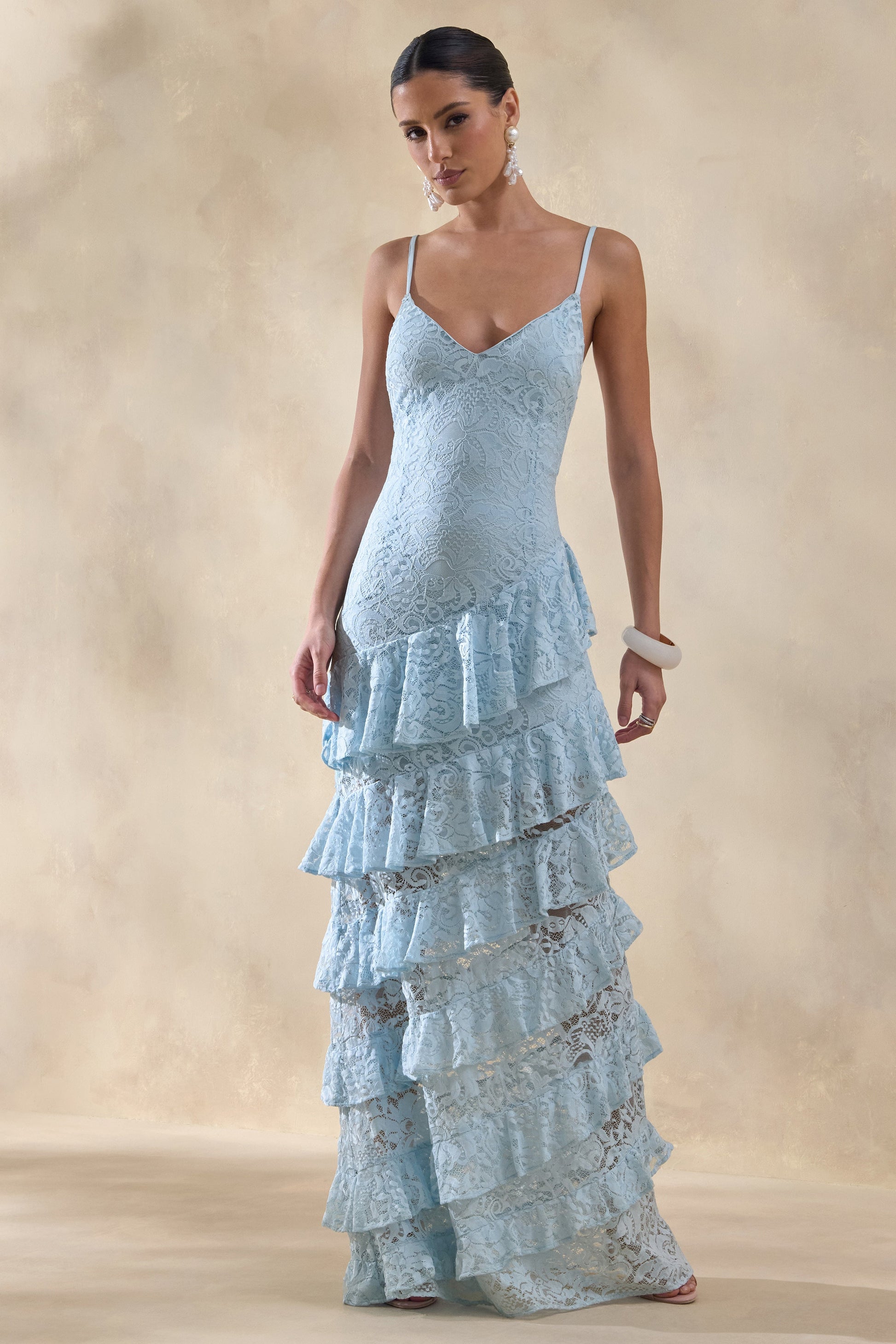 Avelisse | Blue Lace Plunge-Neck Maxi Dress With Ruffled Detailing