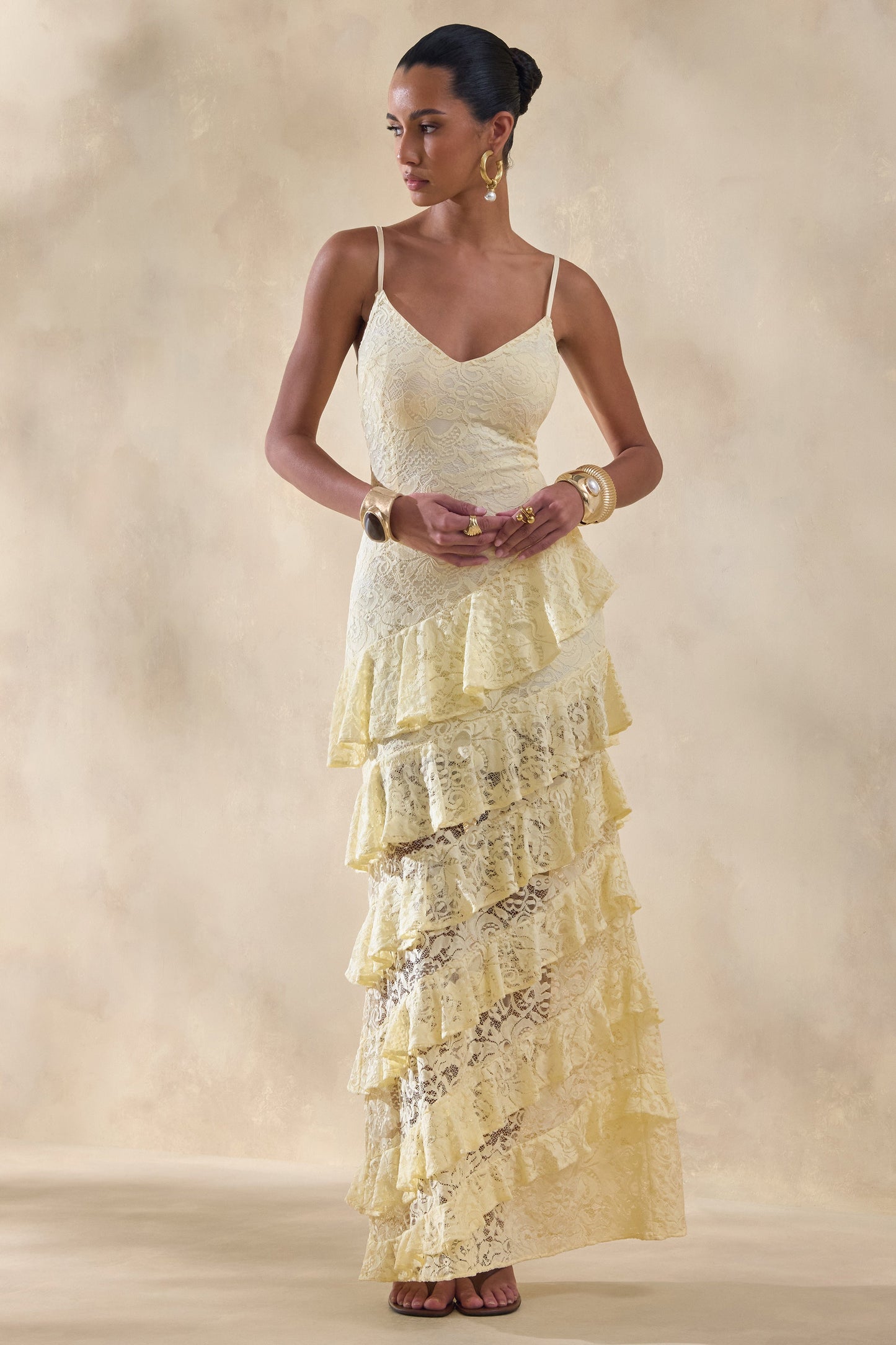 Avelisse | Lemon Lace Plunge-Neck Maxi Dress With Ruffled Detailing