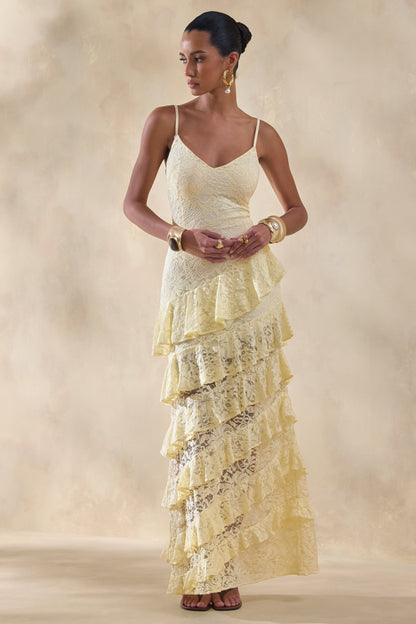 Avelisse | Lemon Lace Plunge-Neck Maxi Dress With Ruffled Detailing