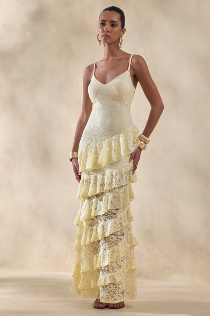 Avelisse | Lemon Lace Plunge-Neck Maxi Dress With Ruffled Detailing
