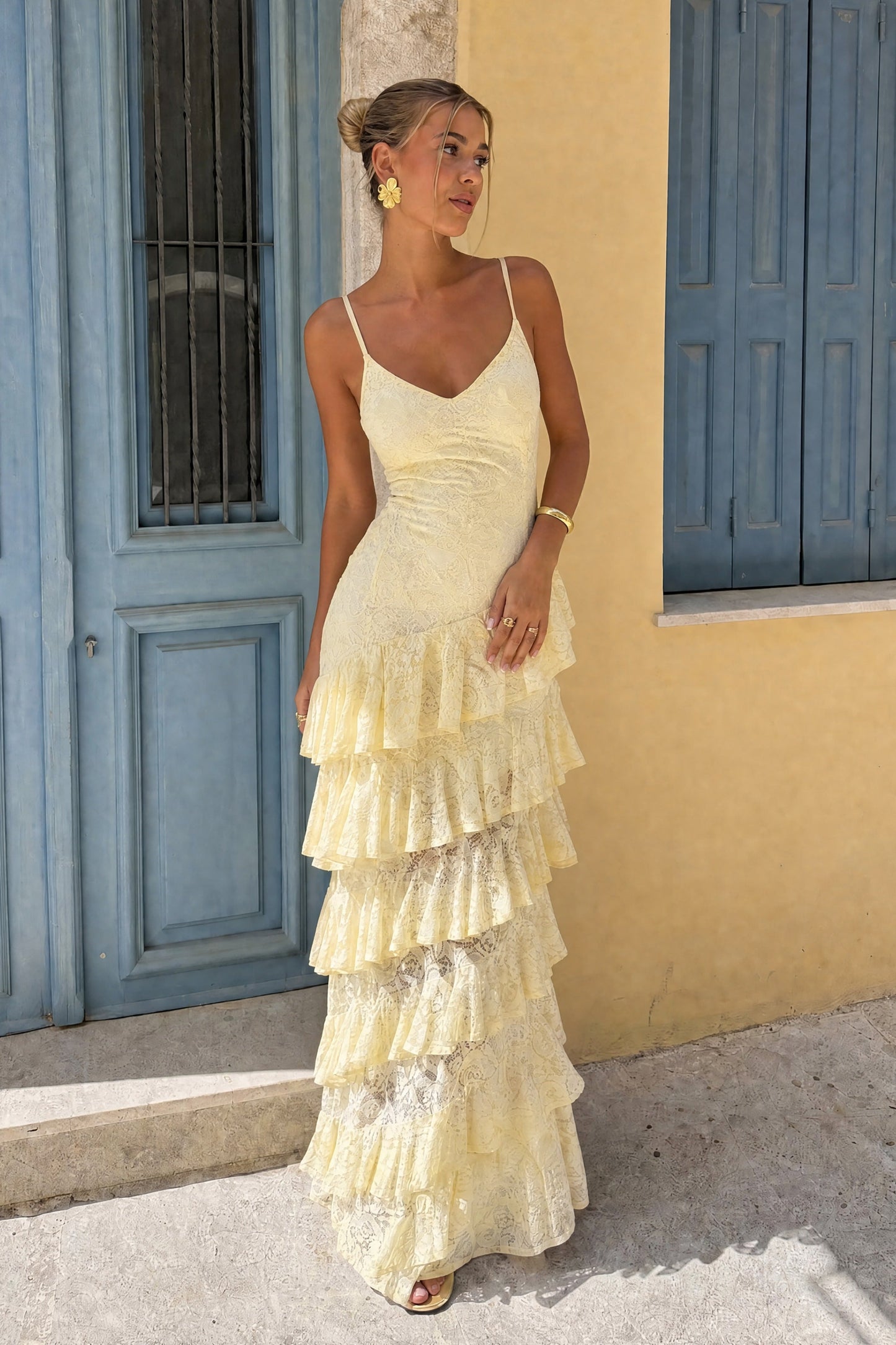 Avelisse | Lemon Lace Plunge-Neck Maxi Dress With Ruffled Detailing