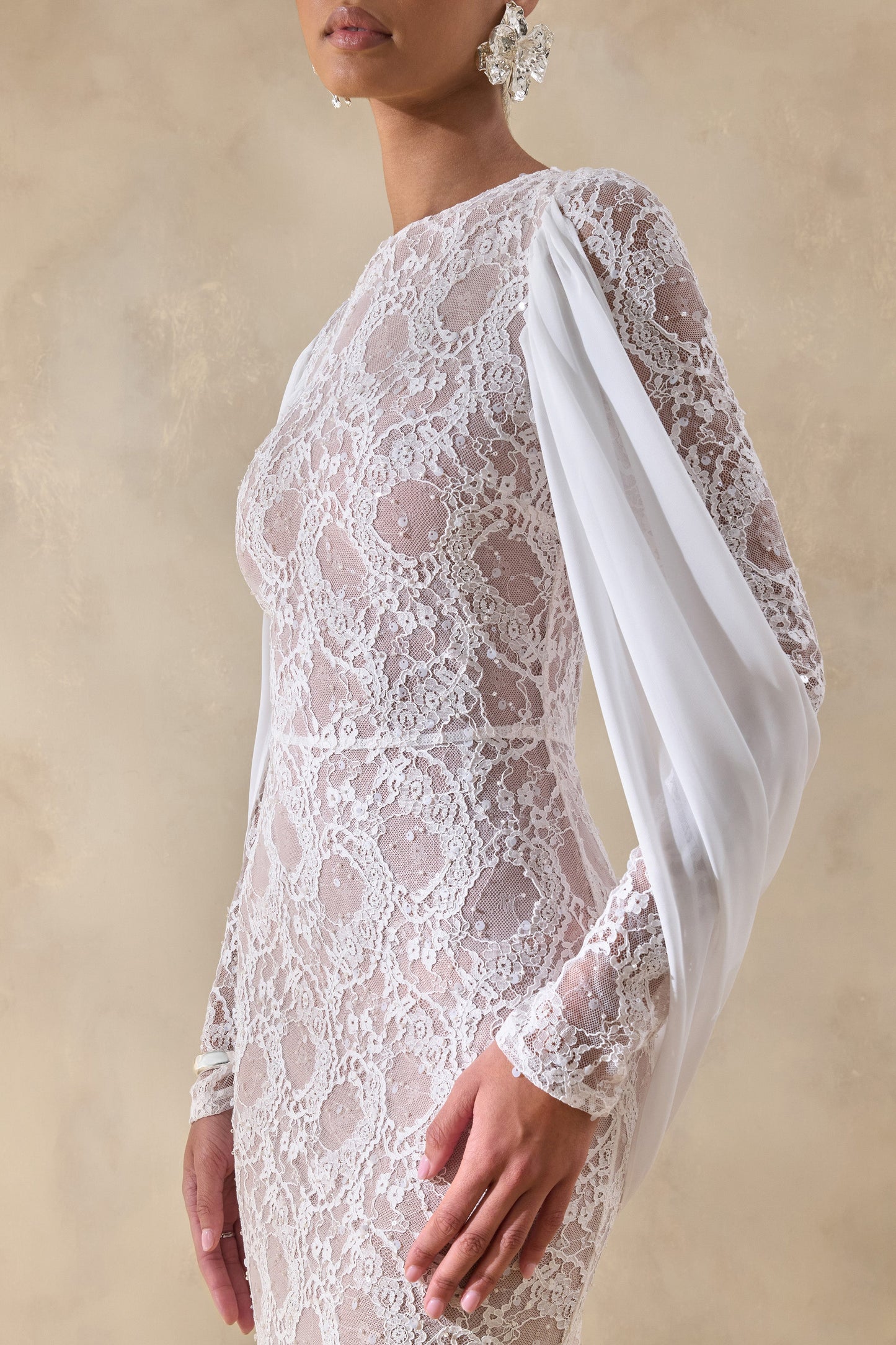 Nabina | White Lace Crew-Neck Maxi Dress With Draped Back-Detail