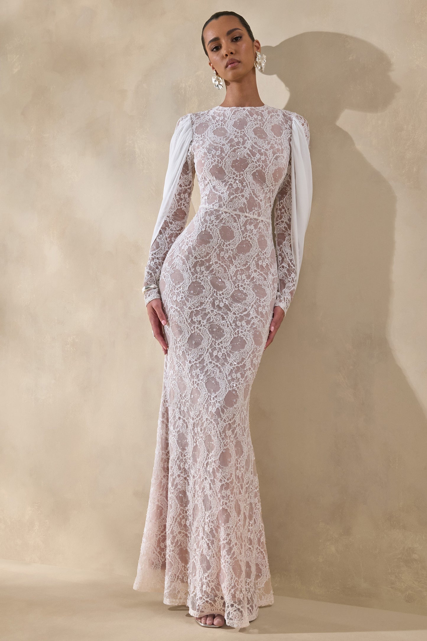 Nabina | White Lace Crew-Neck Maxi Dress With Draped Back-Detail