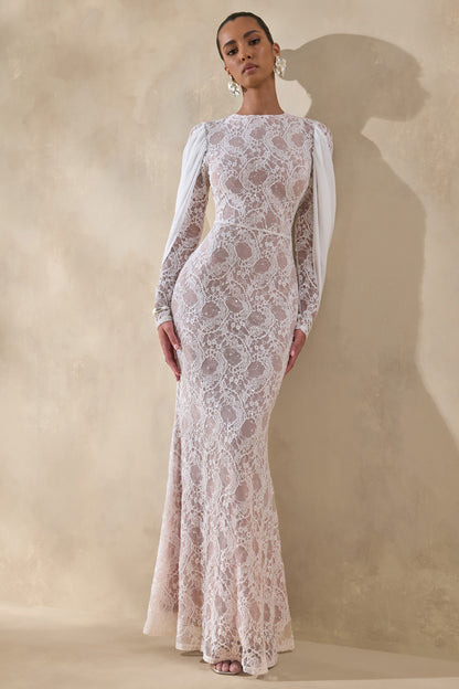 Nabina | White Lace Crew-Neck Maxi Dress With Draped Back-Detail