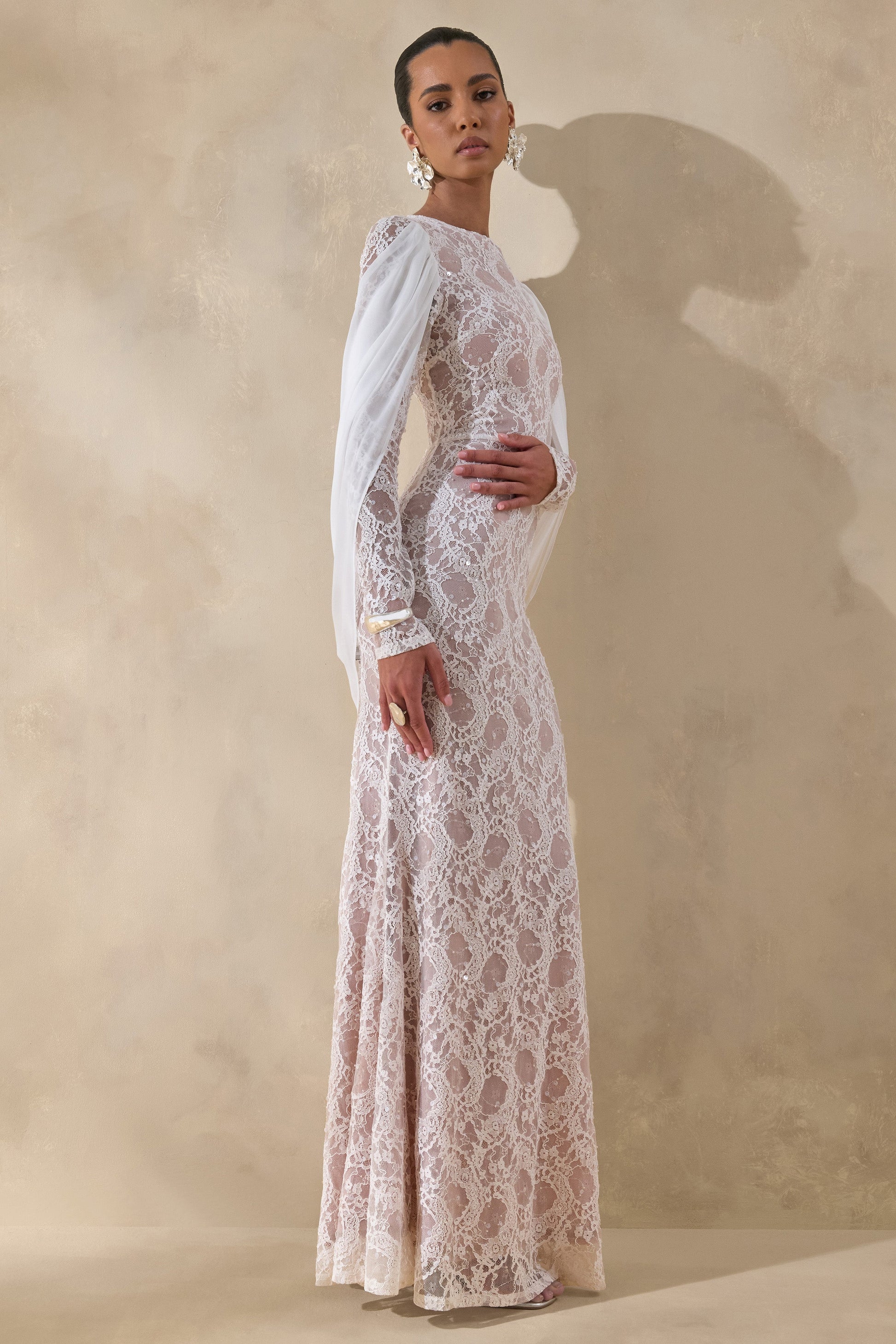 Nabina | White Lace Crew-Neck Maxi Dress With Draped Back-Detail