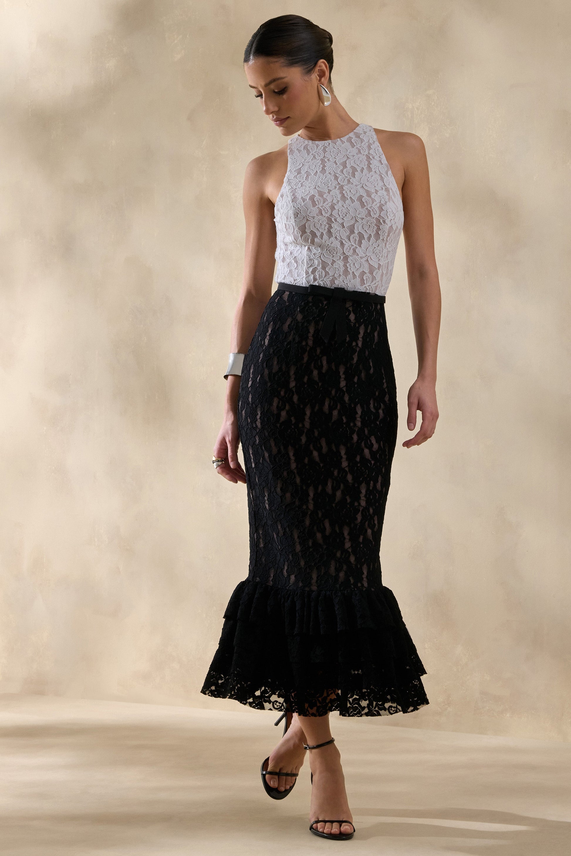 Vionna | Black And White Lace High-Neck Midi Dress With Bow-Belt Detail