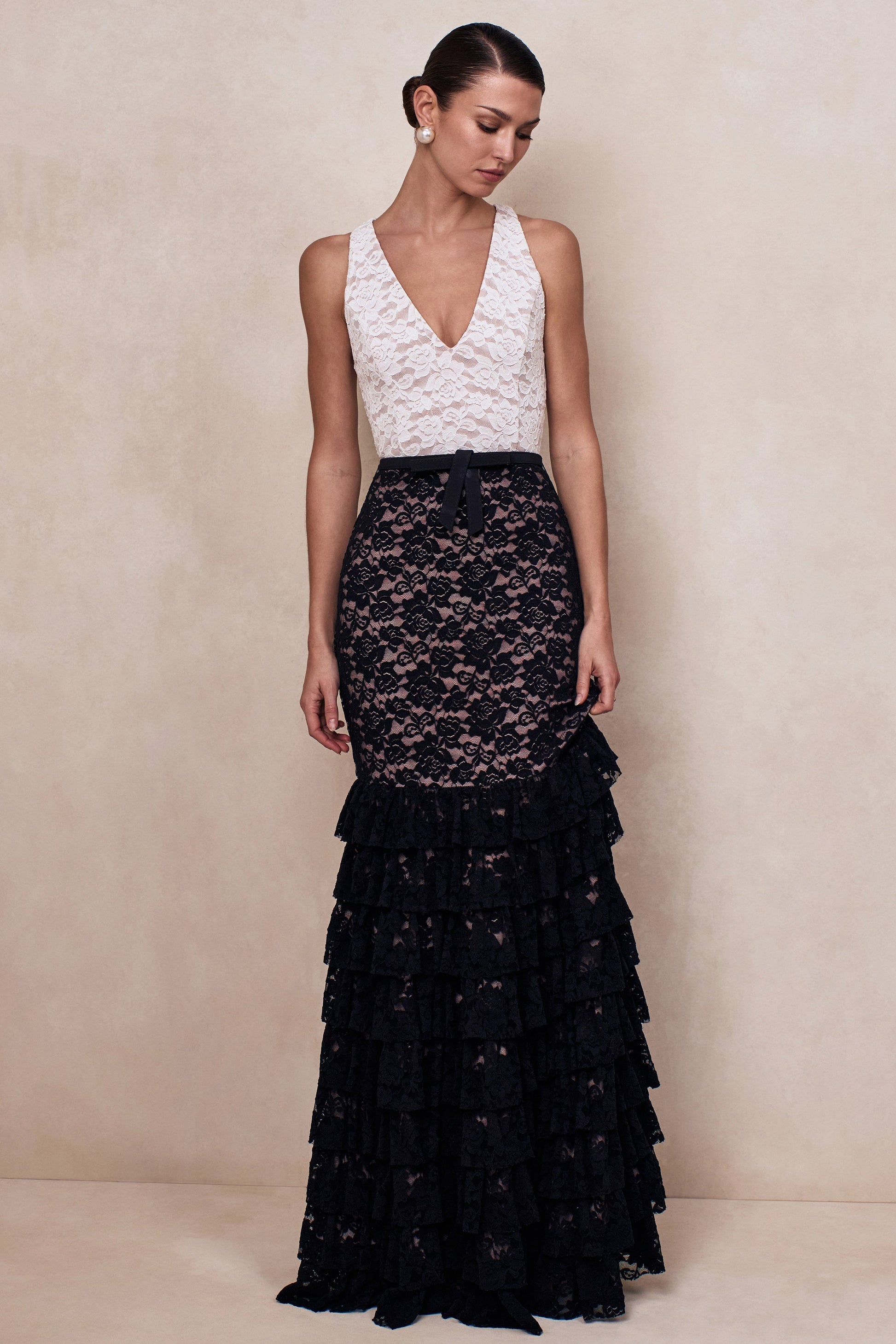 Isoria | Black And White Lace Halter-Neck Maxi Dress With Bow-Belt Detail
