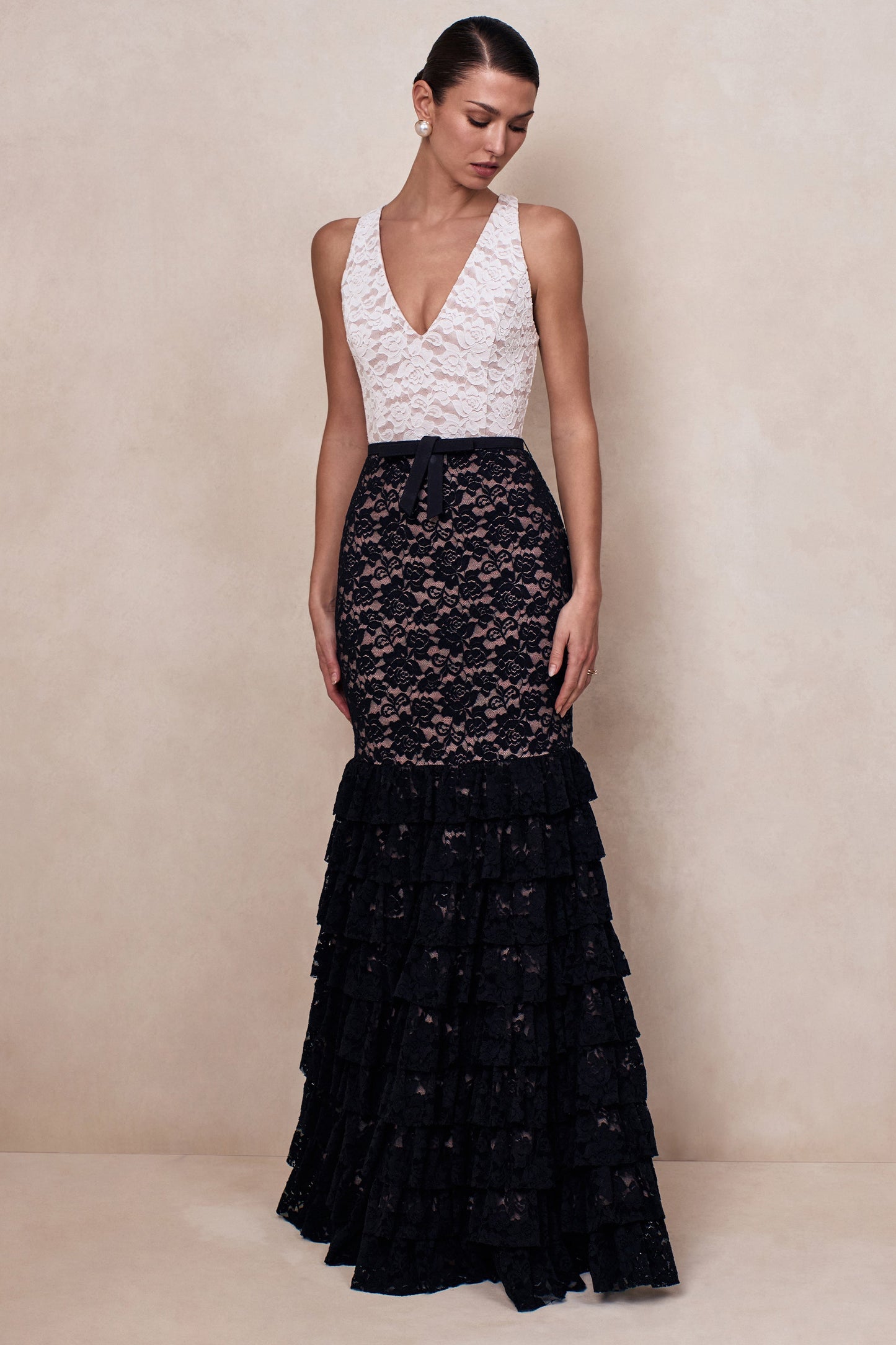 Isoria | Black And White Lace Halter-Neck Maxi Dress With Bow-Belt Detail