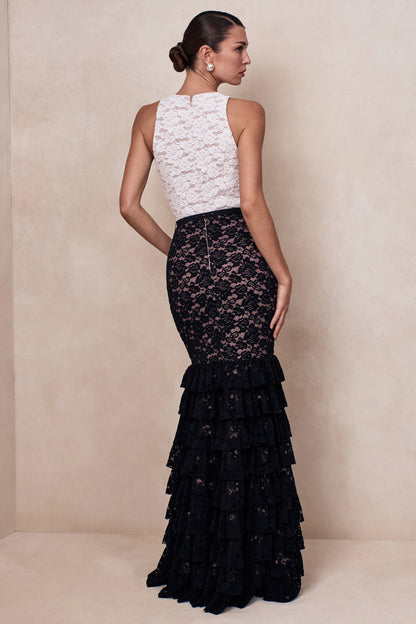 Isoria | Black And White Lace Halter-Neck Maxi Dress With Bow-Belt Detail