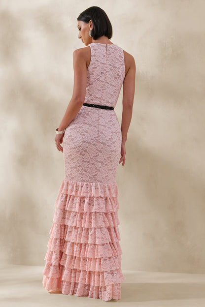 Isoria | Pink And Black Lace Halter-Neck Maxi Dress With Bow-Belt Detail