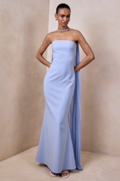 Avery | Powder Blue Bandeau Maxi Dress With Embellished Scarf