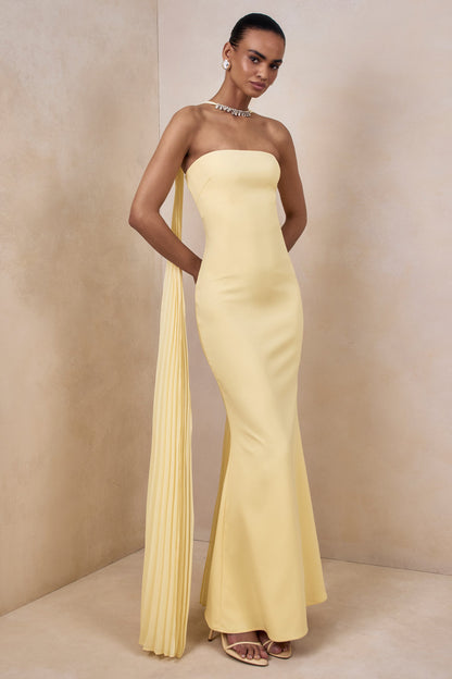 Avery | Lemon Bandeau Maxi Dress With Embellished Scarf