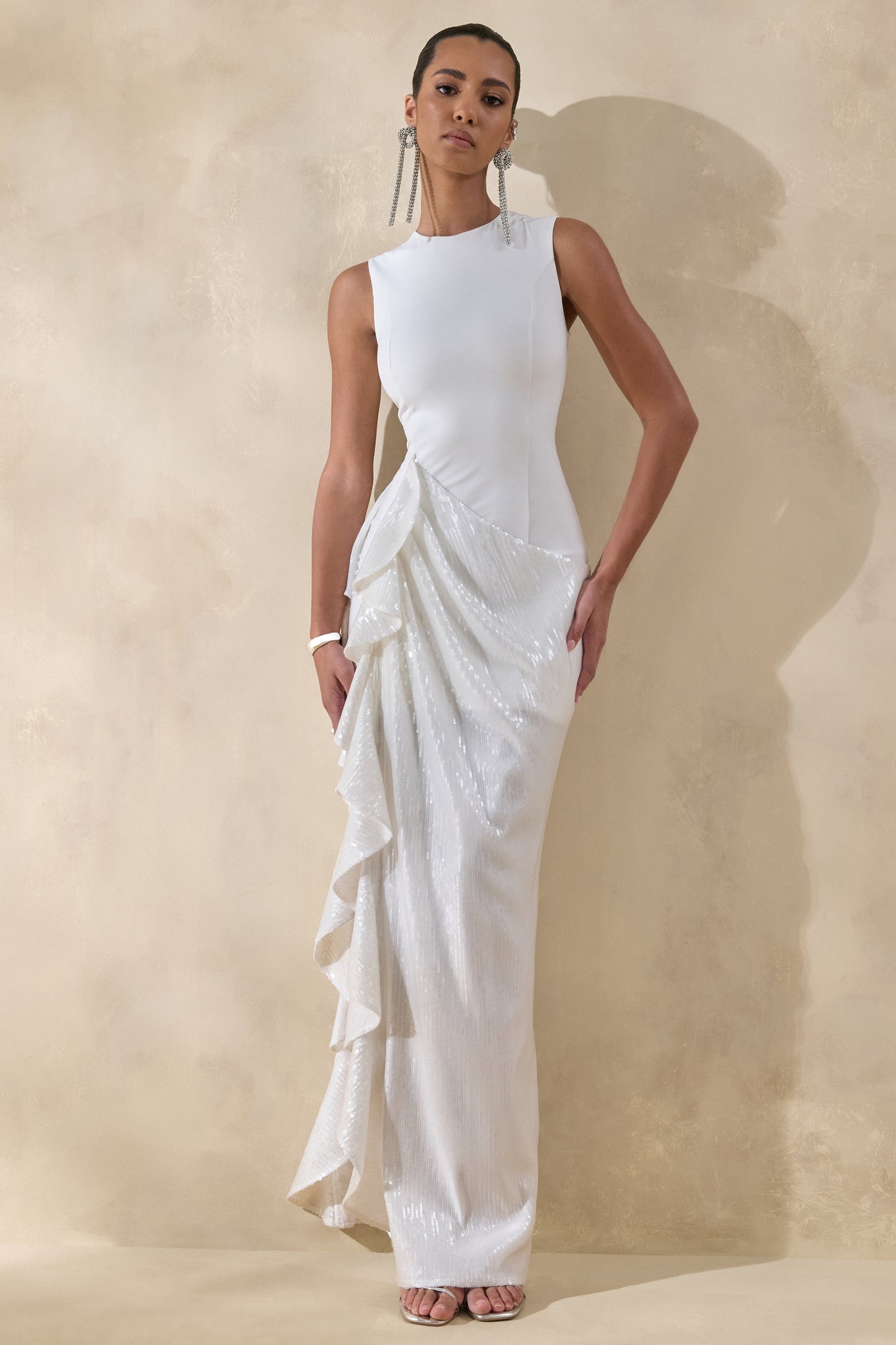Ada | White Crew-Neck Maxi Dress With Sheer Sequin Skirt And Ruffled Detailing