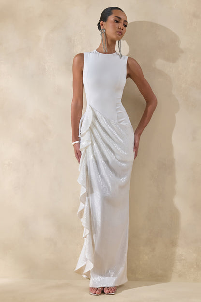Ada | White Crew-Neck Maxi Dress With Sheer Sequin Skirt And Ruffled Detailing