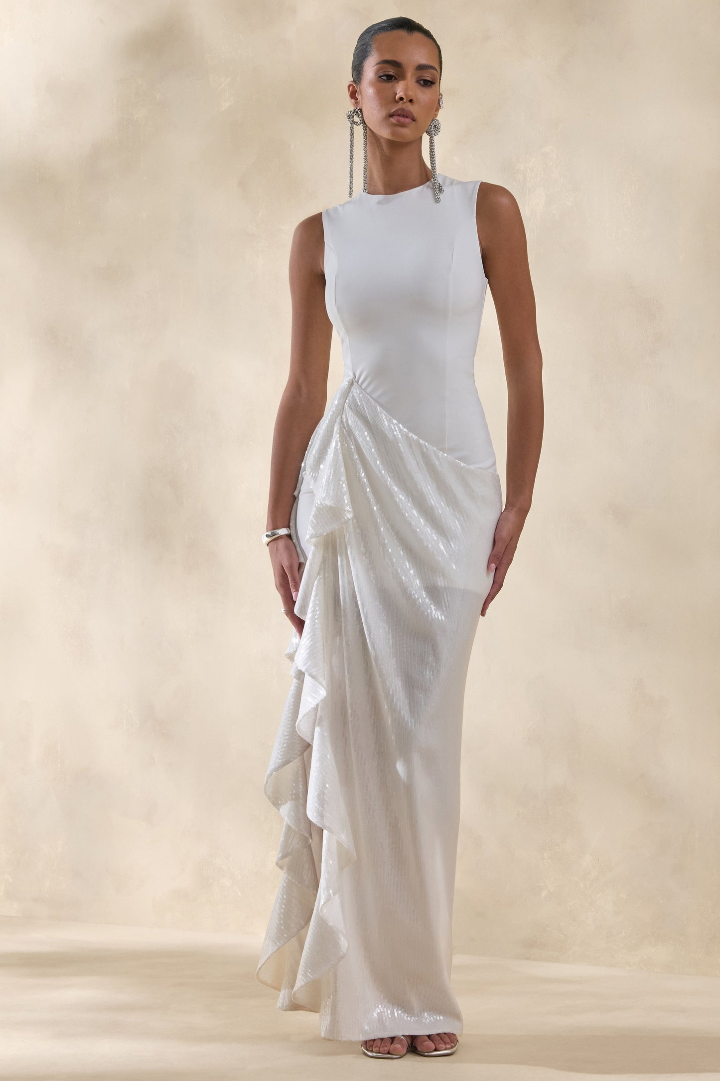 Ada | White Crew-Neck Maxi Dress With Sheer Sequin Skirt And Ruffled Detailing