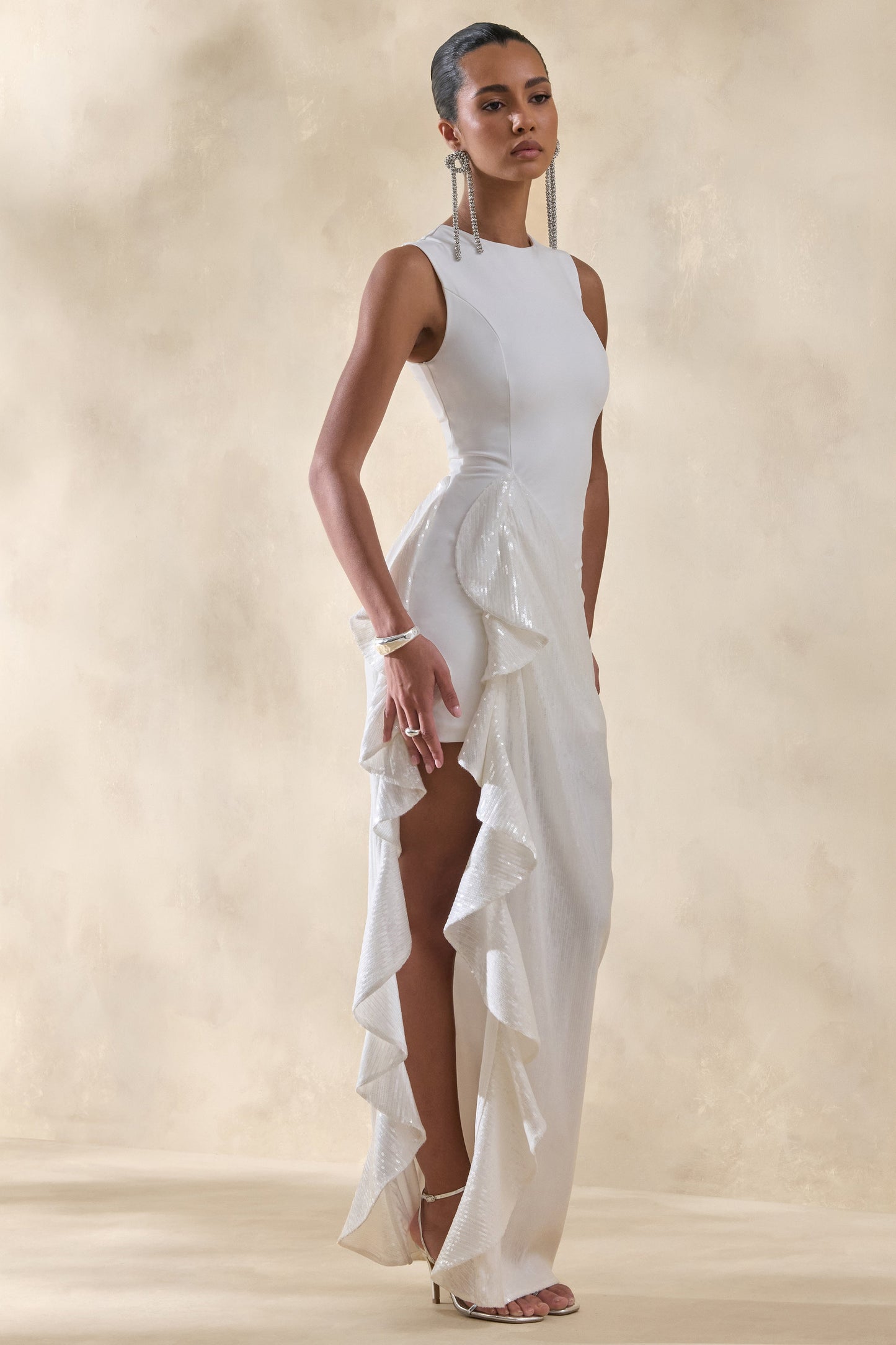 Ada | White Crew-Neck Maxi Dress With Sheer Sequin Skirt And Ruffled Detailing