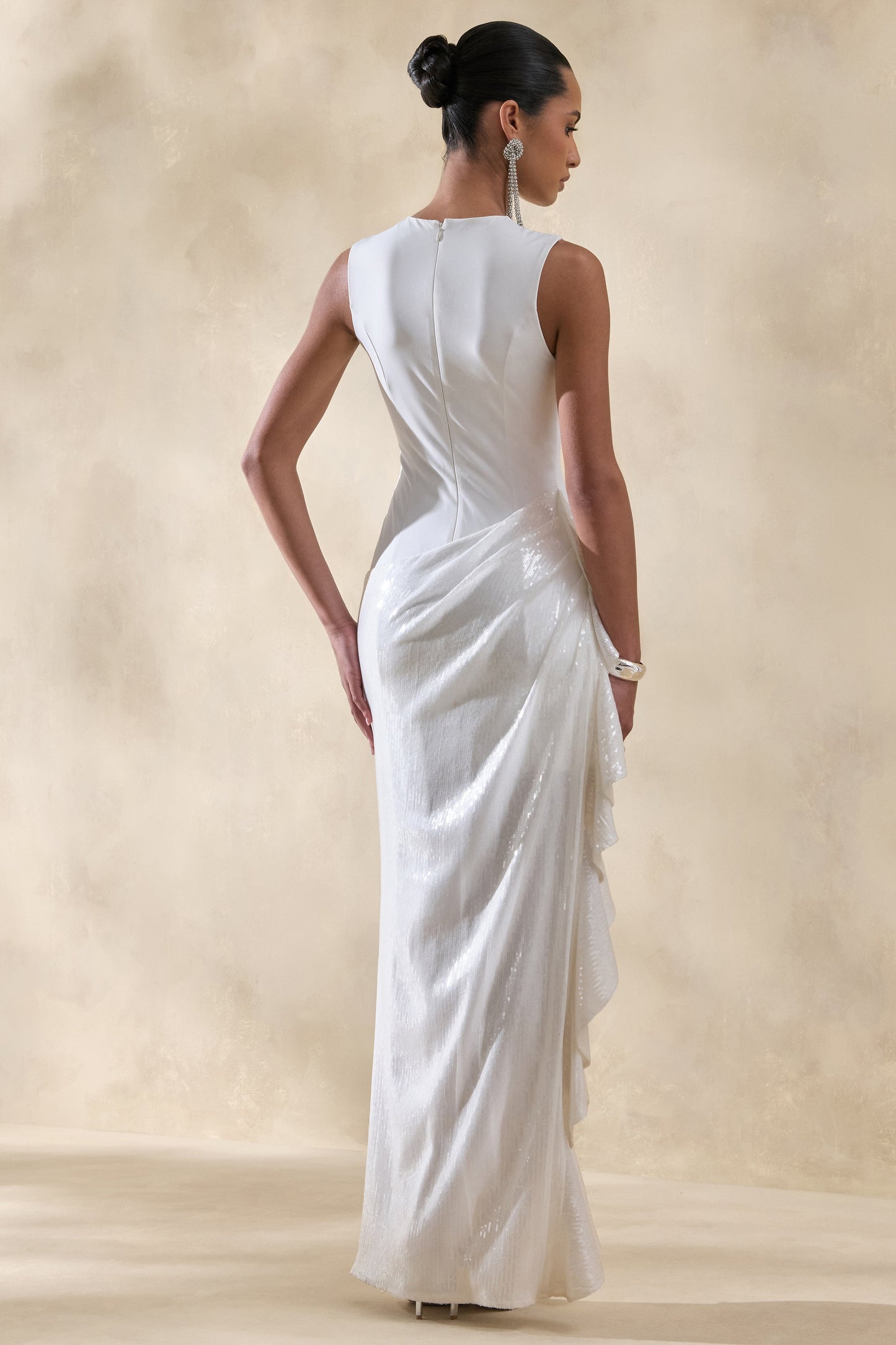 Ada | White Crew-Neck Maxi Dress With Sheer Sequin Skirt And Ruffled Detailing