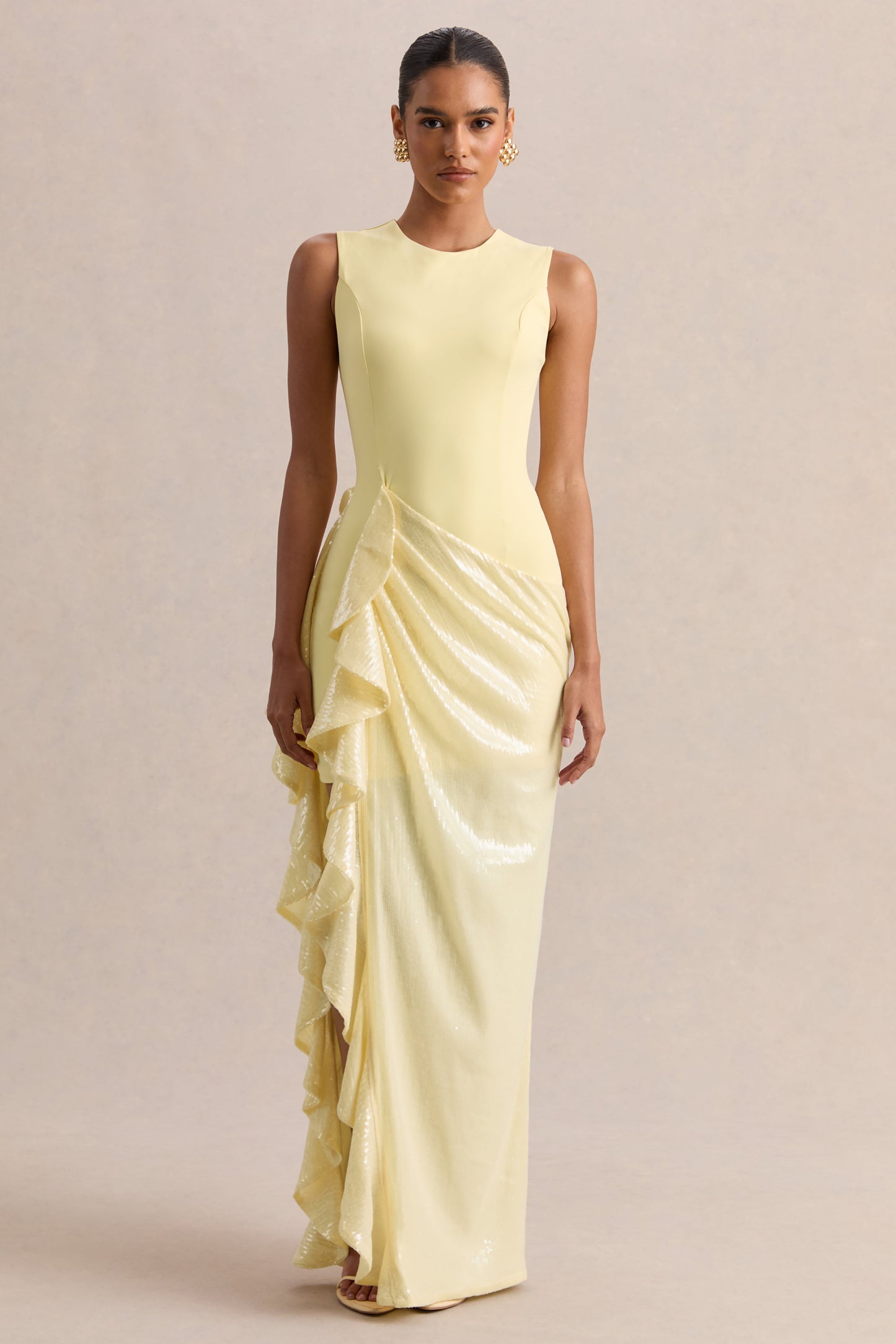 Ada | Lemon Crew-Neck Maxi Dress With Sheer Sequin Skirt And Ruffled Detailing