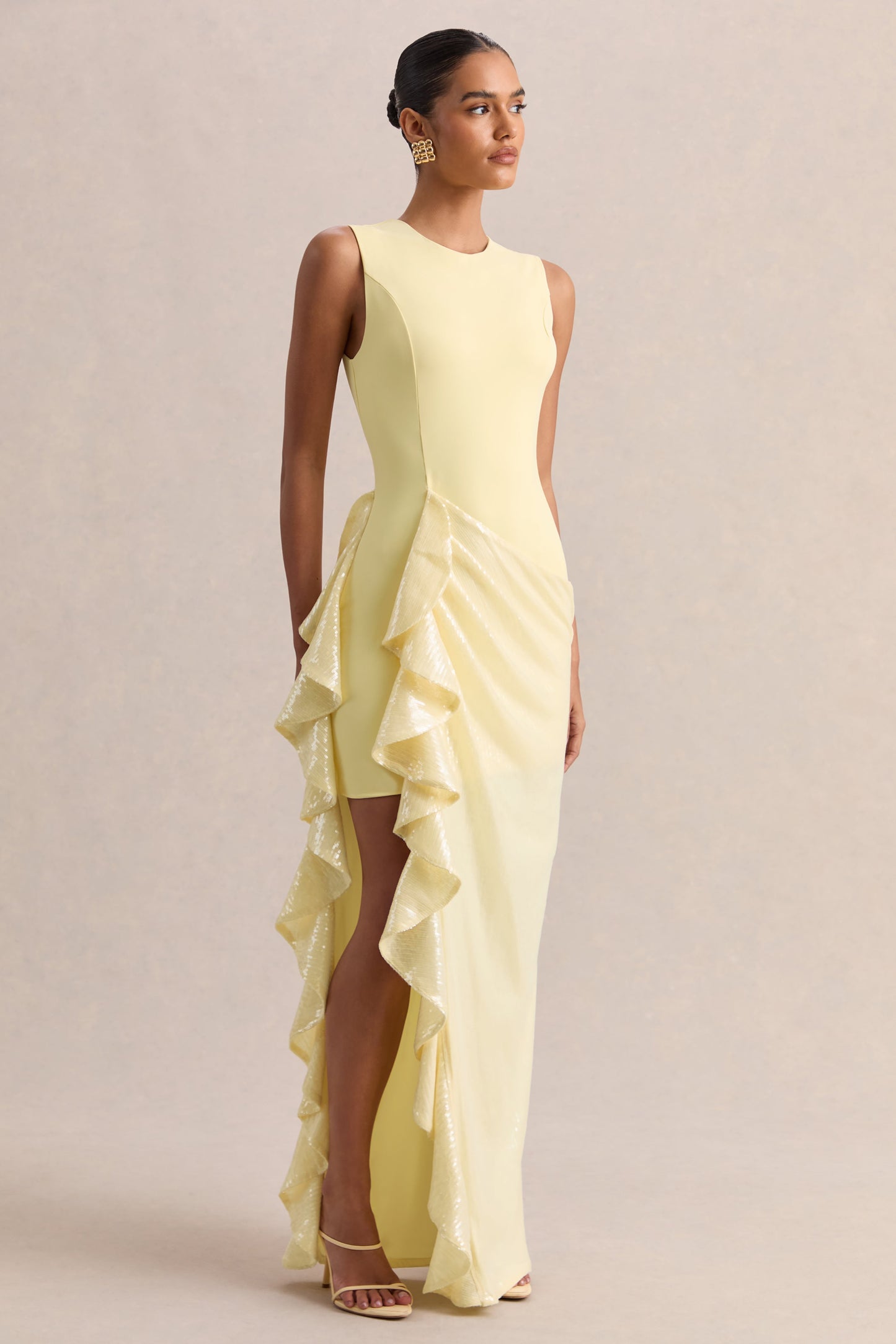 Ada | Lemon Crew-Neck Maxi Dress With Sheer Sequin Skirt And Ruffled Detailing