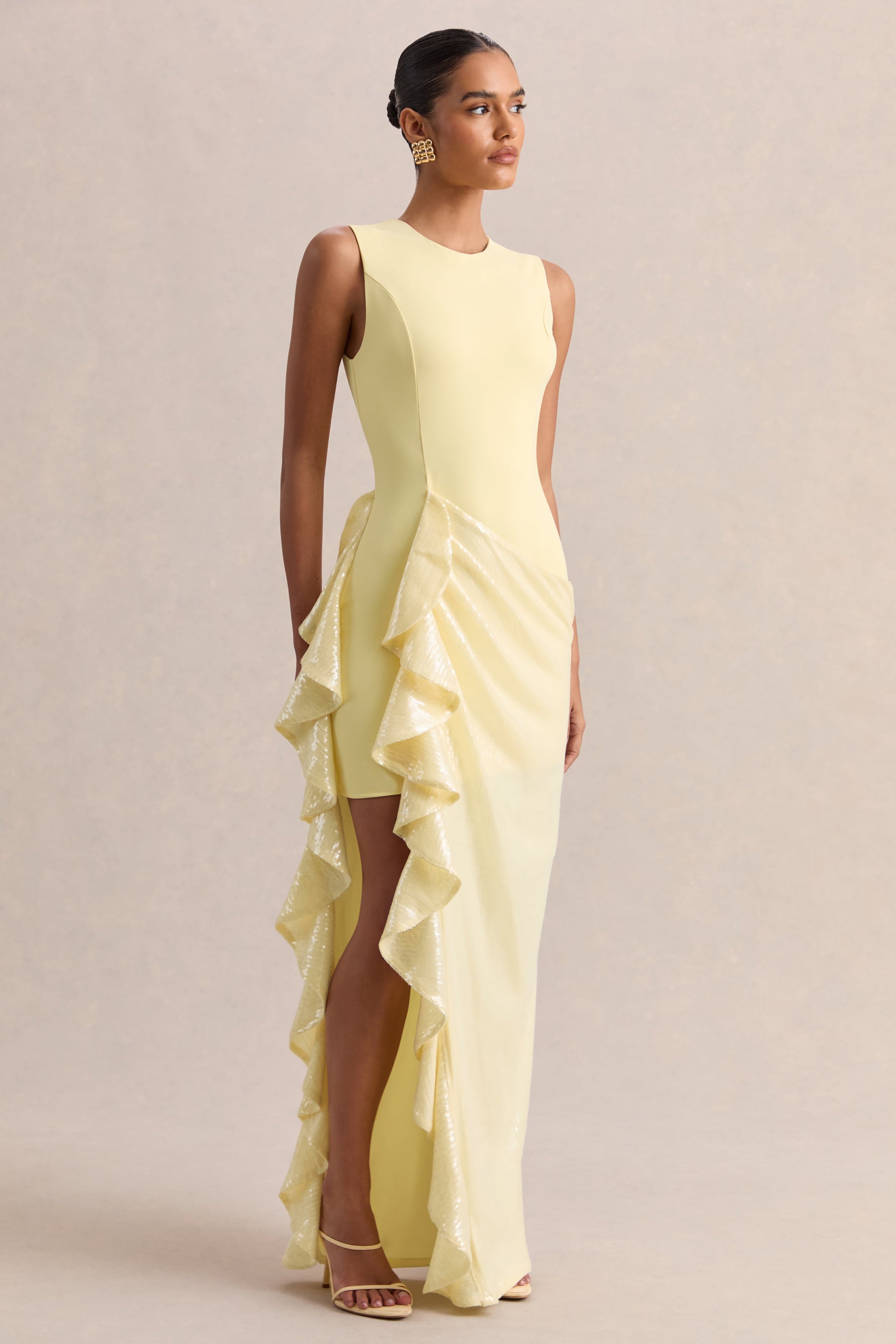 Ada | Lemon Crew-Neck Maxi Dress With Sheer Sequin Skirt And Ruffled Detailing