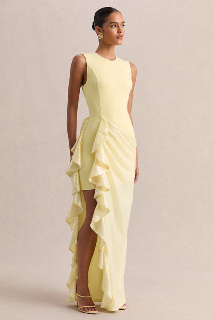 Ada | Lemon Crew-Neck Maxi Dress With Sheer Sequin Skirt And Ruffled Detailing
