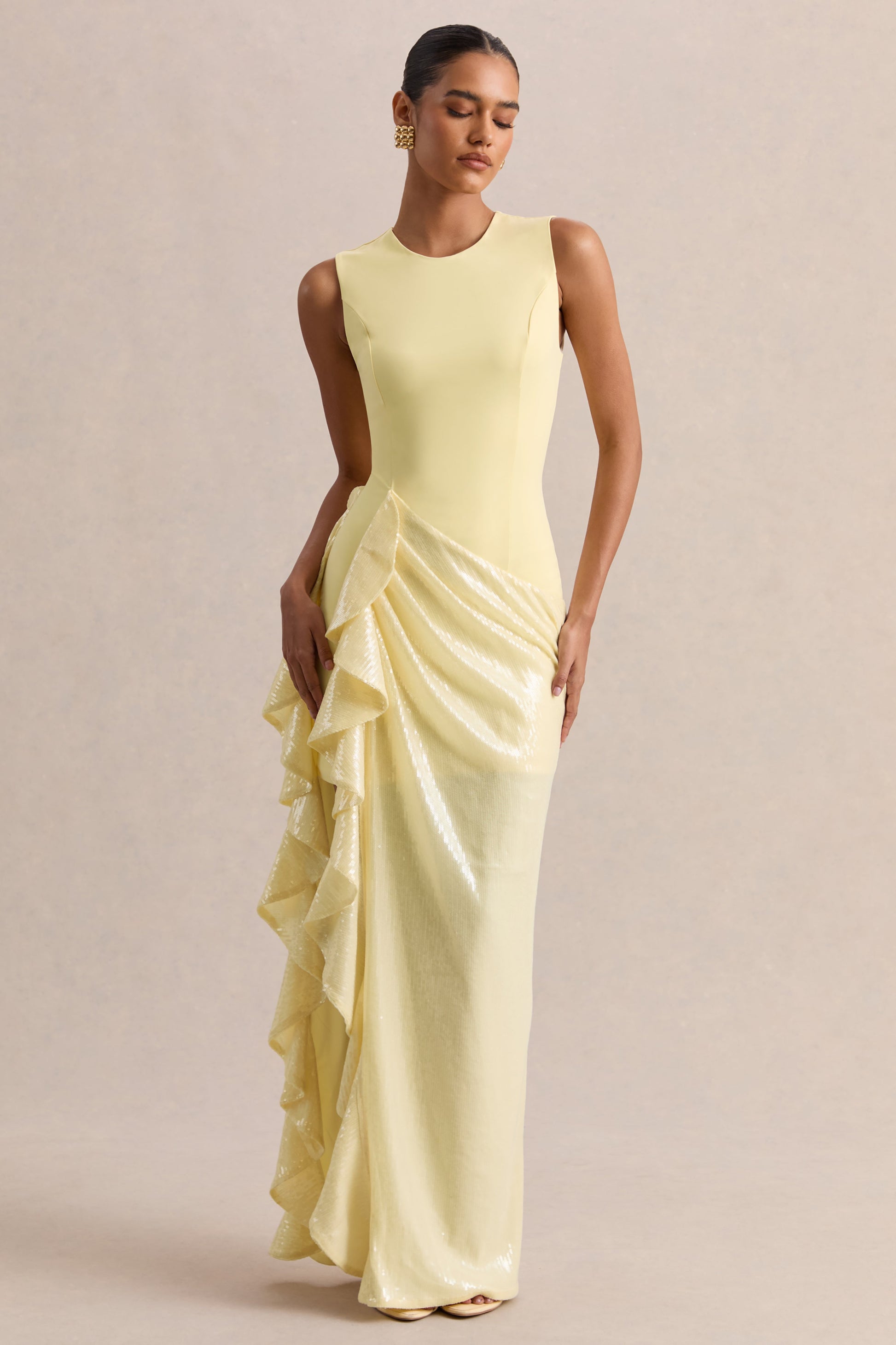 Ada | Lemon Crew-Neck Maxi Dress With Sheer Sequin Skirt And Ruffled Detailing