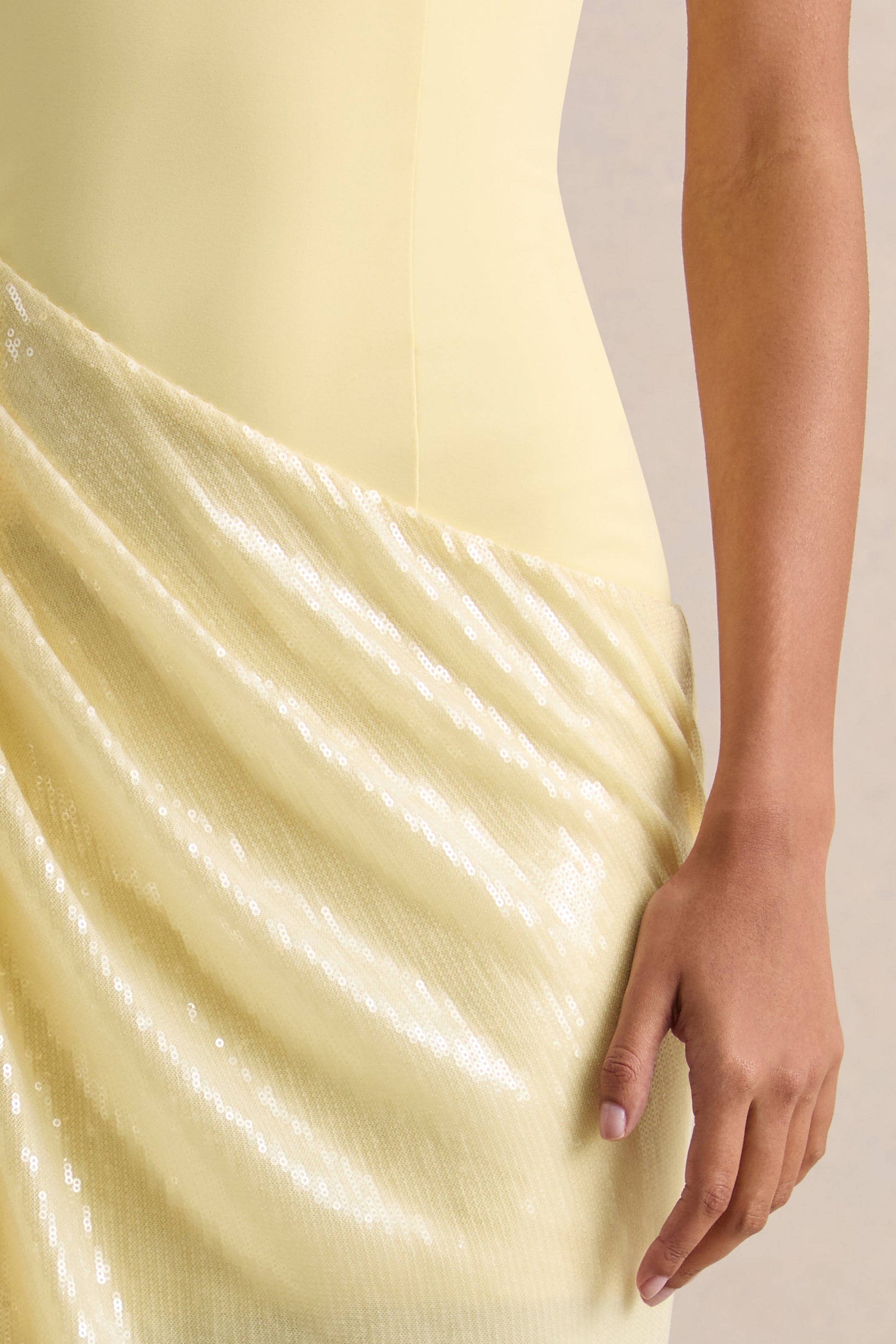 Ada | Lemon Crew-Neck Maxi Dress With Sheer Sequin Skirt And Ruffled Detailing