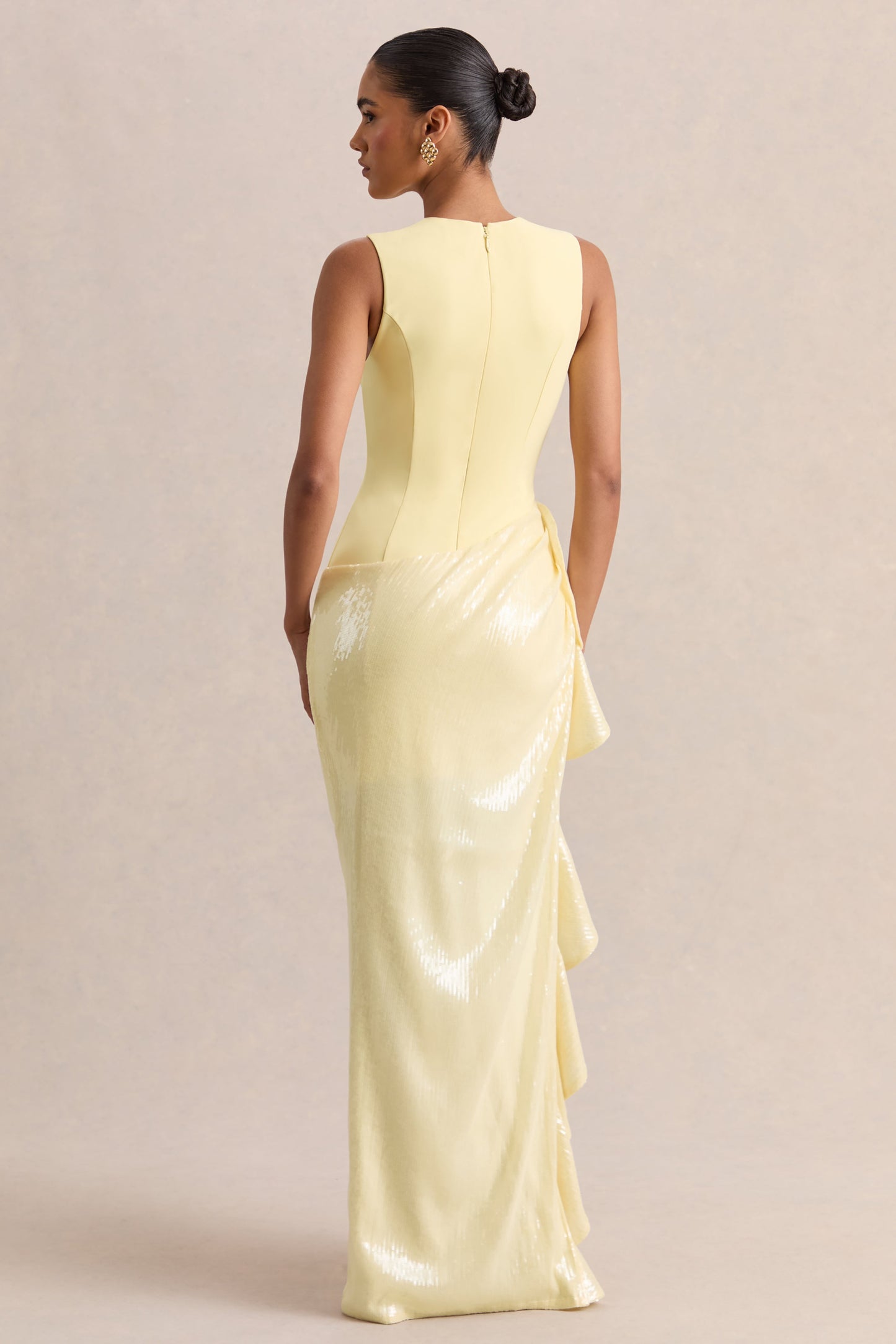 Ada | Lemon Crew-Neck Maxi Dress With Sheer Sequin Skirt And Ruffled Detailing
