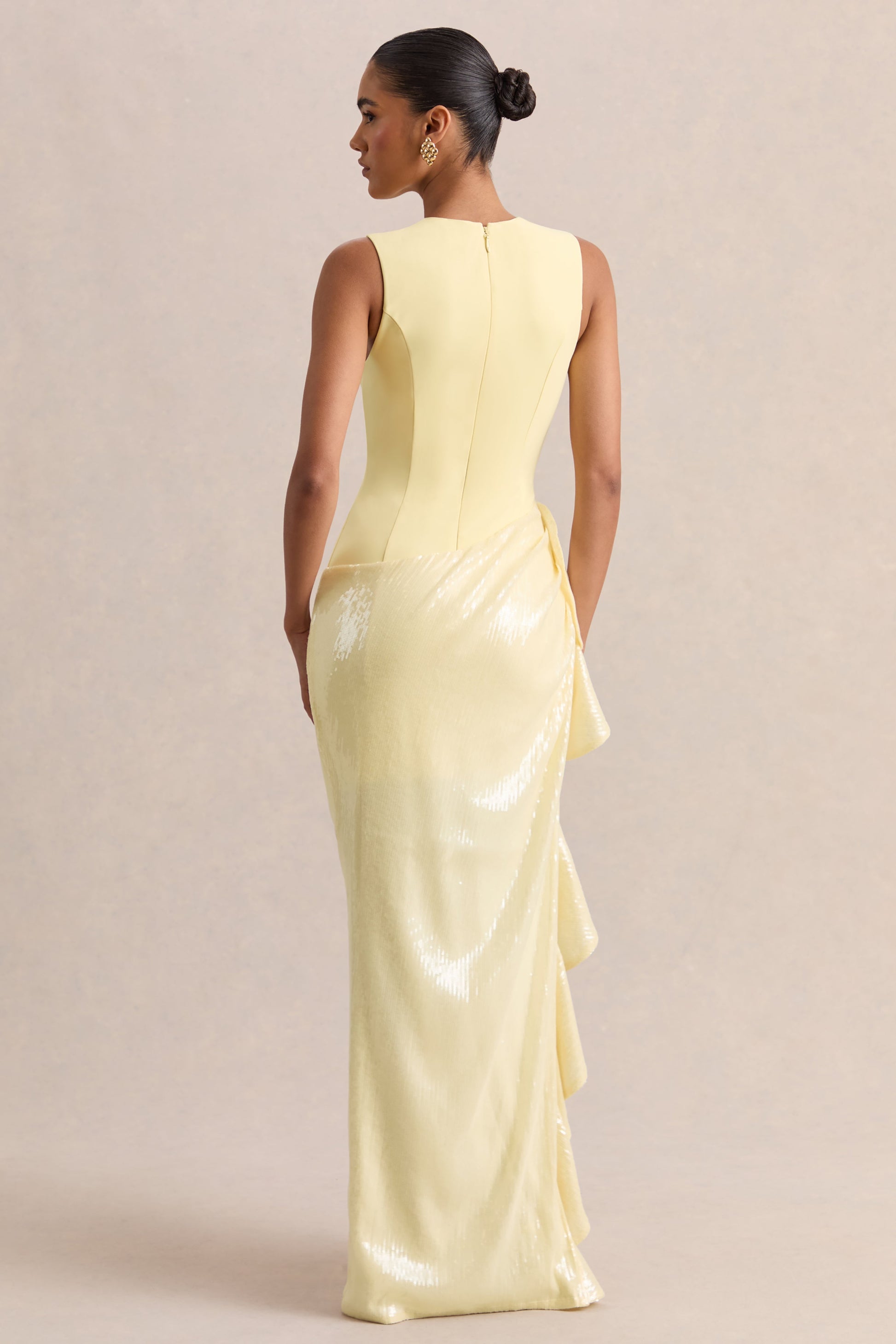 Ada | Lemon Crew-Neck Maxi Dress With Sheer Sequin Skirt And Ruffled Detailing
