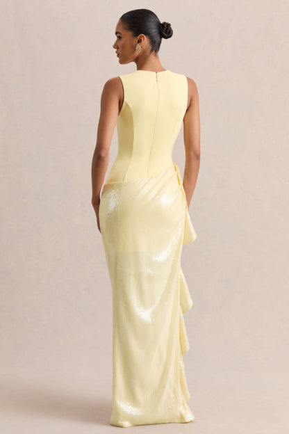 Ada | Lemon Crew-Neck Maxi Dress With Sheer Sequin Skirt And Ruffled Detailing