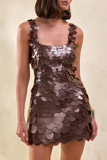 Sophia | Brown Sequin Square-Neck Mini Dress