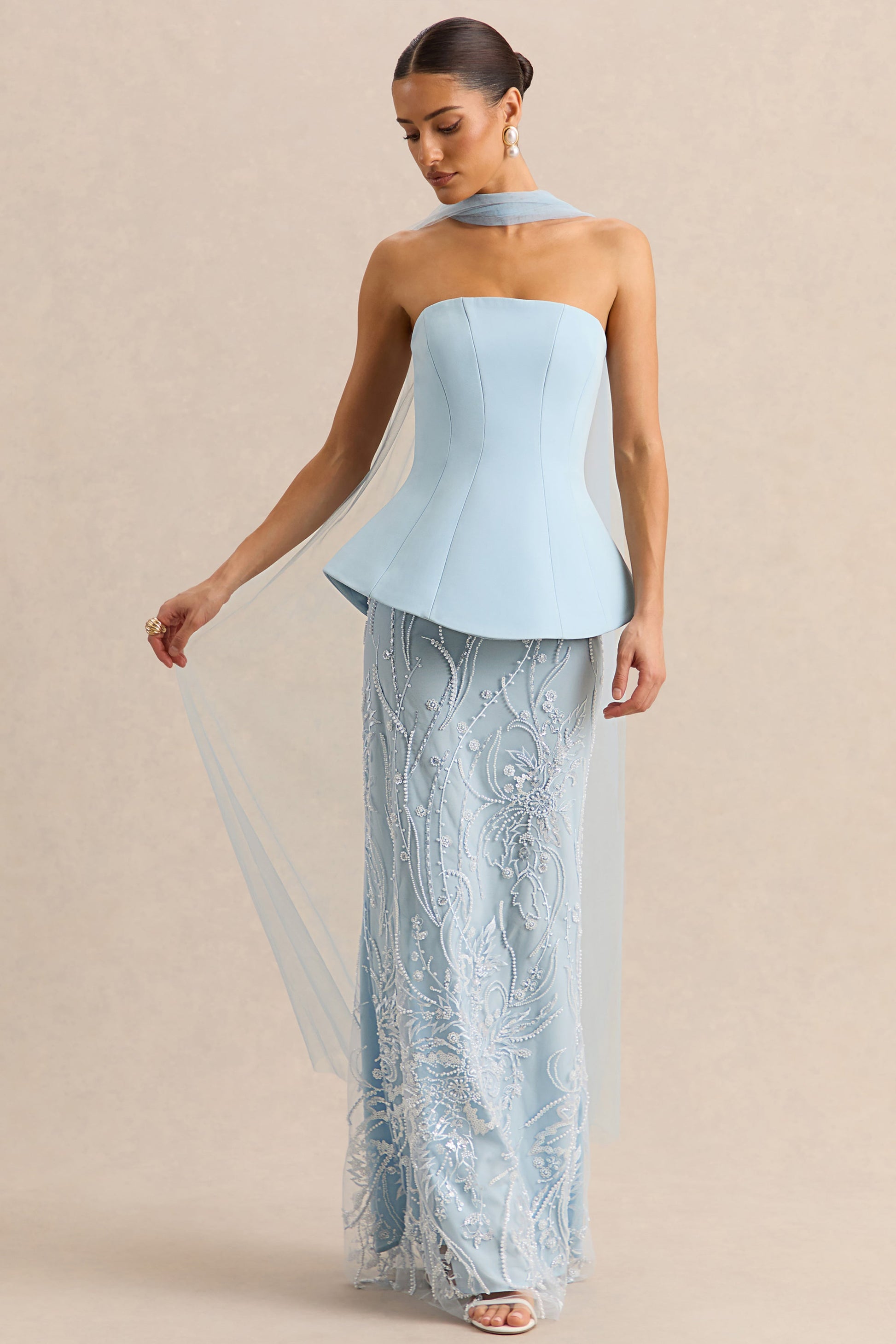 Lorna | Powder Blue Bandeau Maxi Dress With Scarf
