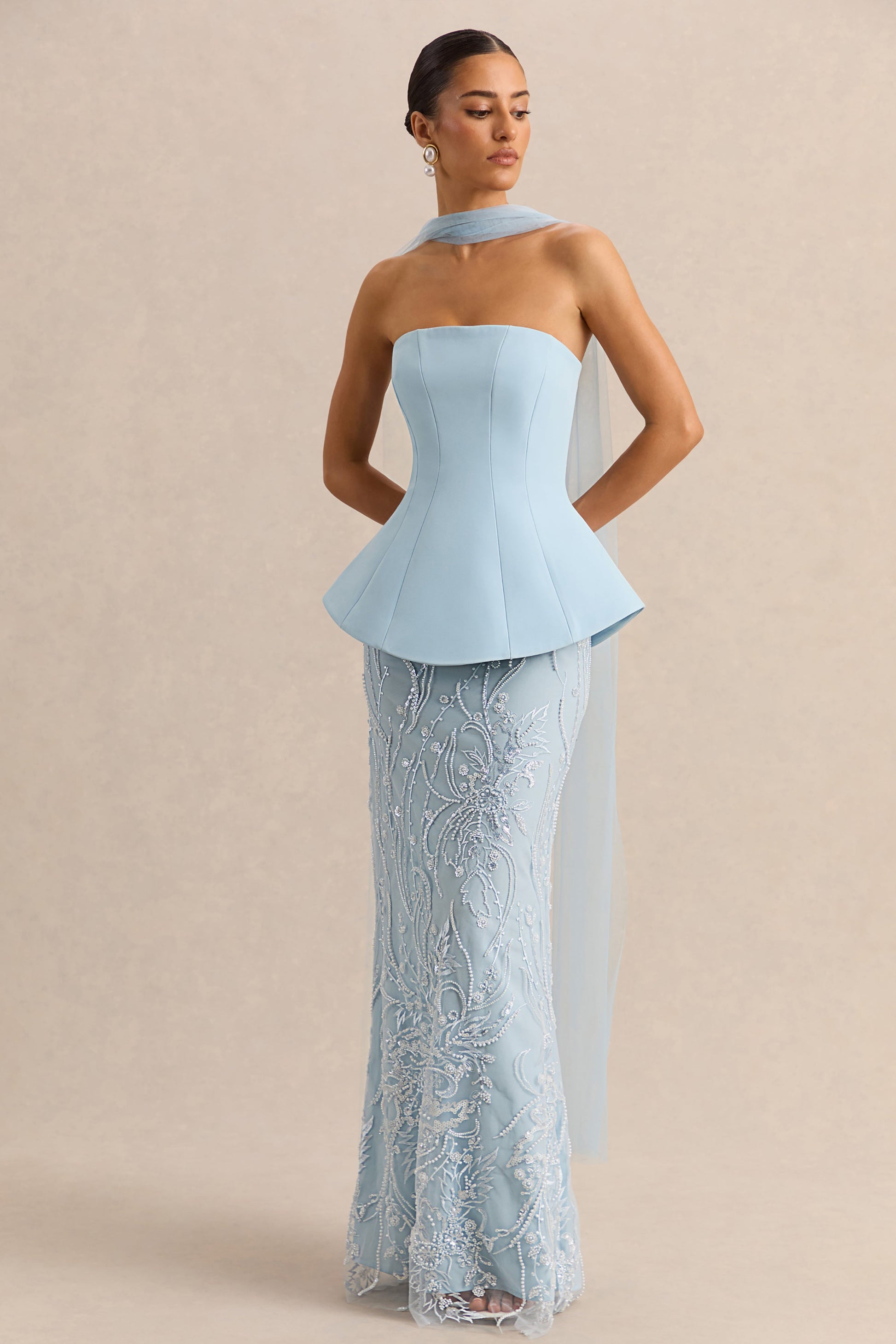 Lorna | Powder Blue Bandeau Maxi Dress With Scarf