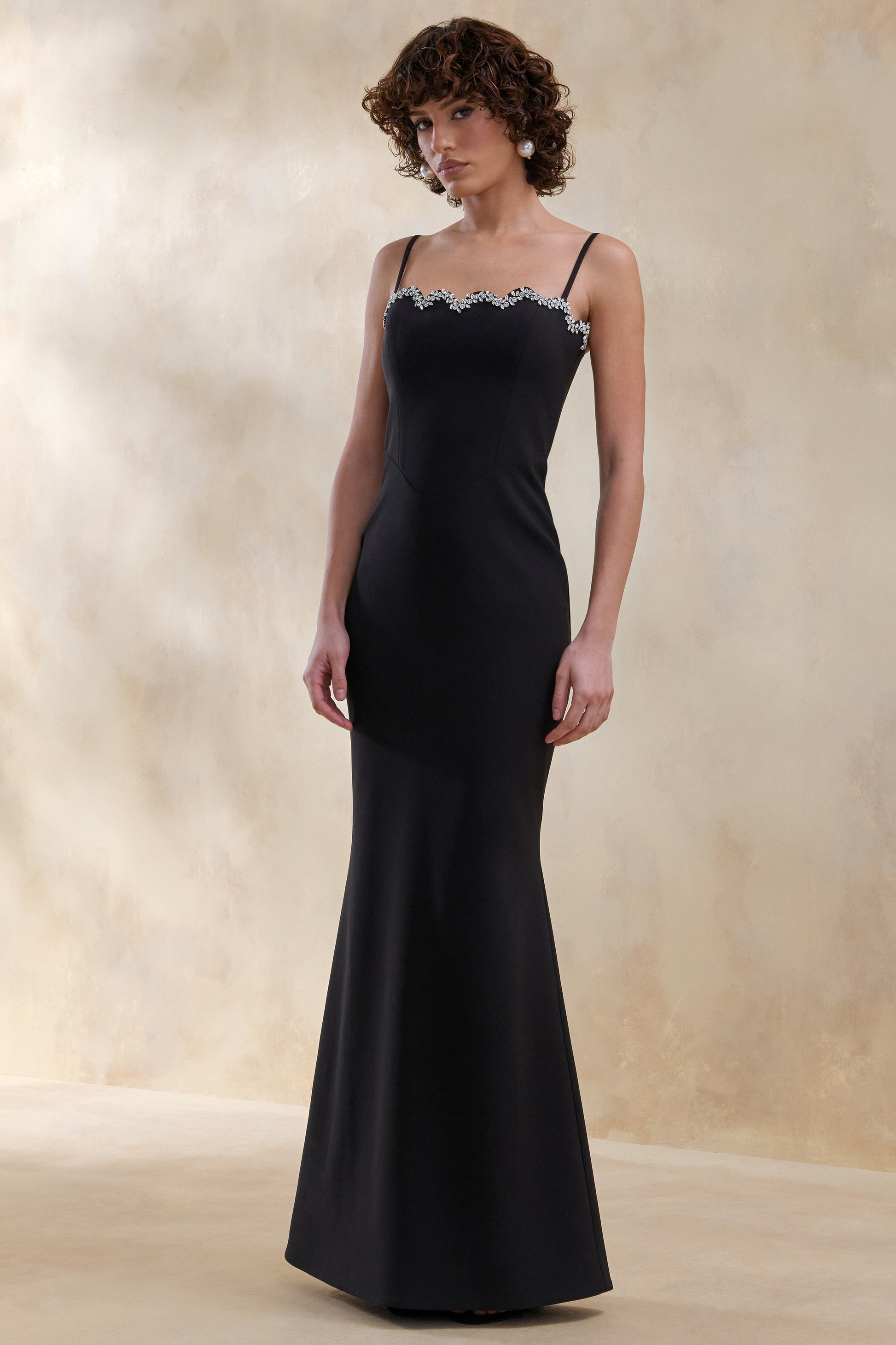 Story | Black Scalloped Sweetheart-Neck Maxi Dress With Embellished-Detailing