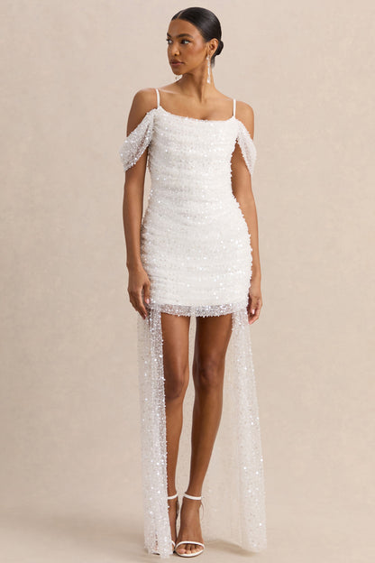 Millie | White Mesh Bardot-Neck Mini Dress With Draped Detailing