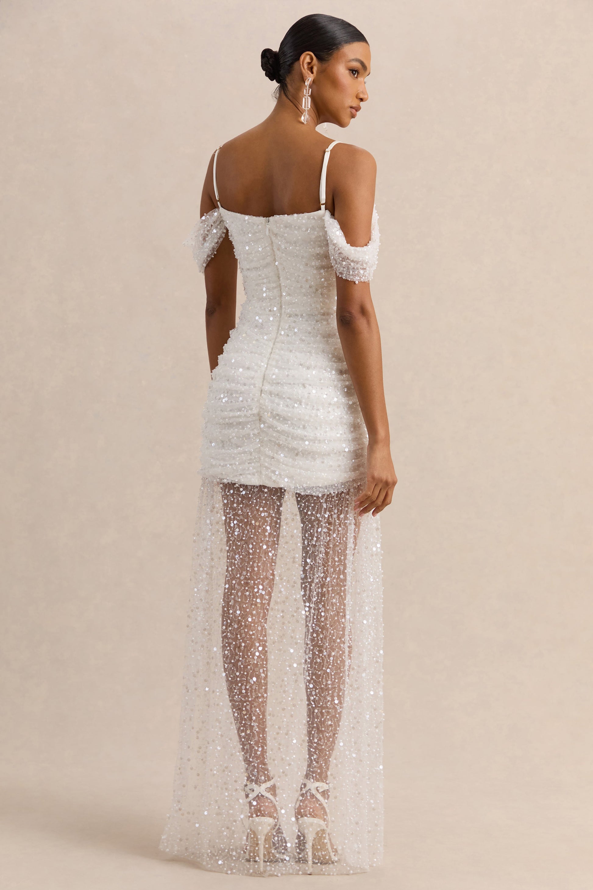 Millie | White Mesh Bardot-Neck Mini Dress With Draped Detailing