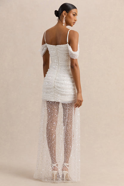 Millie | White Mesh Bardot-Neck Mini Dress With Draped Detailing