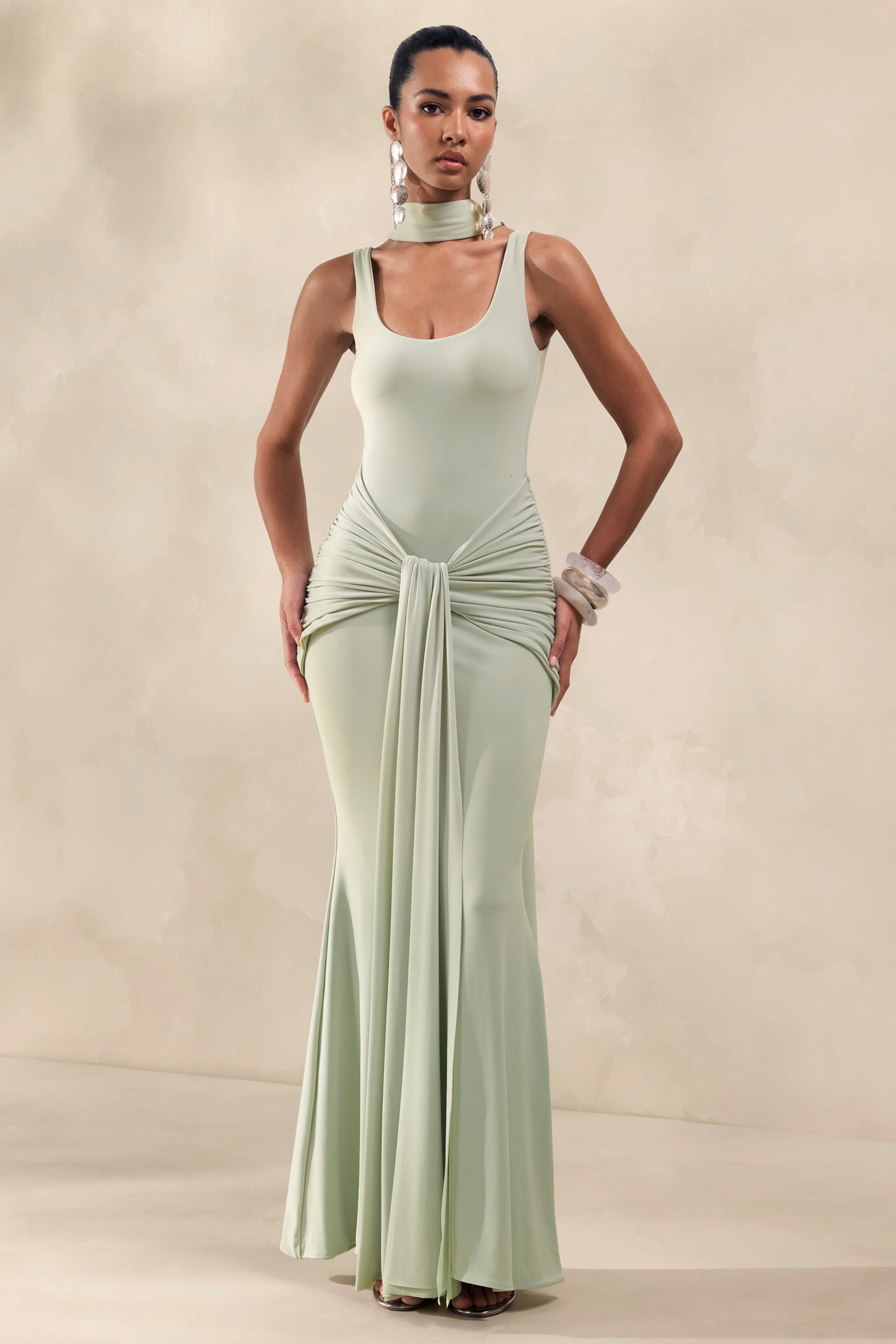 Solyra | Mint Square-Neck Maxi Dress With Sash And Cape Detail