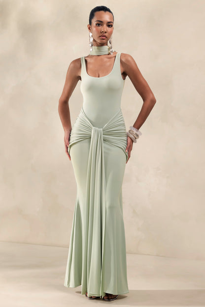 Solyra | Mint Square-Neck Maxi Dress With Sash And Cape Detail